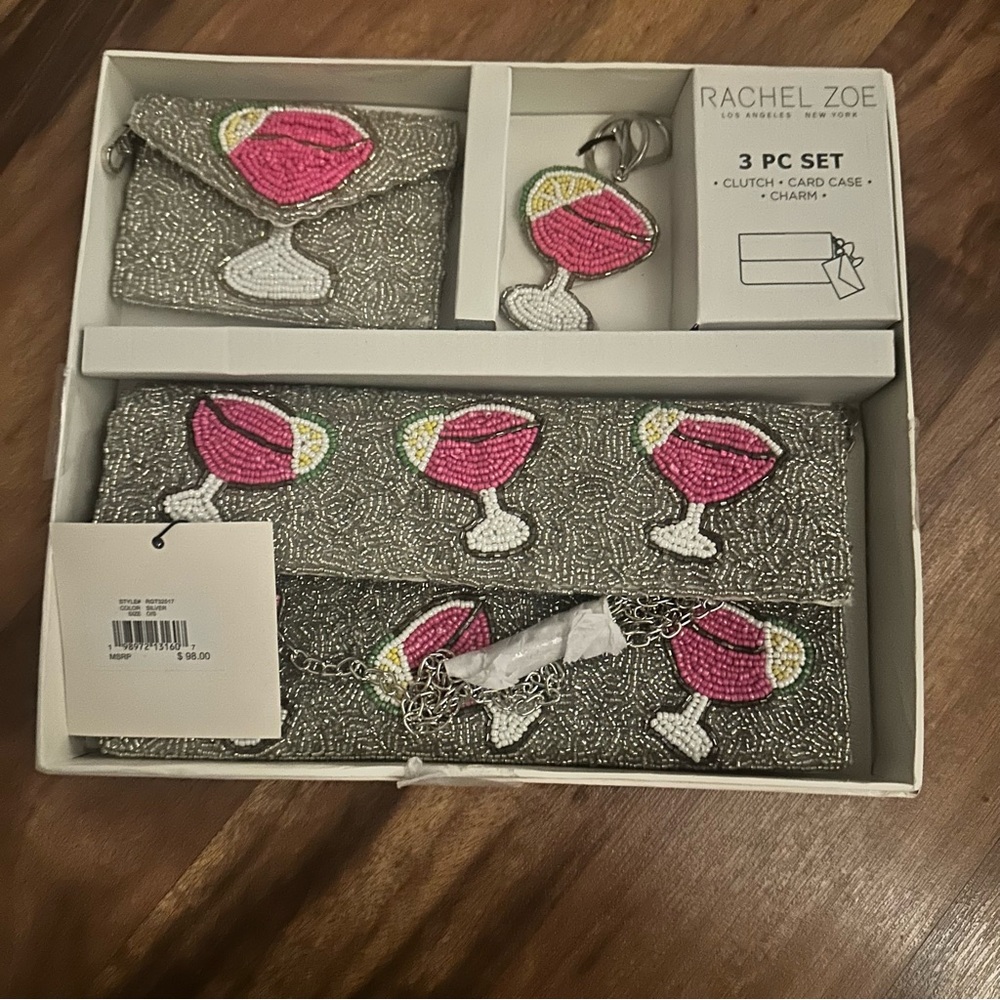 Rachel Zoe Gray Beaded Clutch Set with Pink Cocktail Design